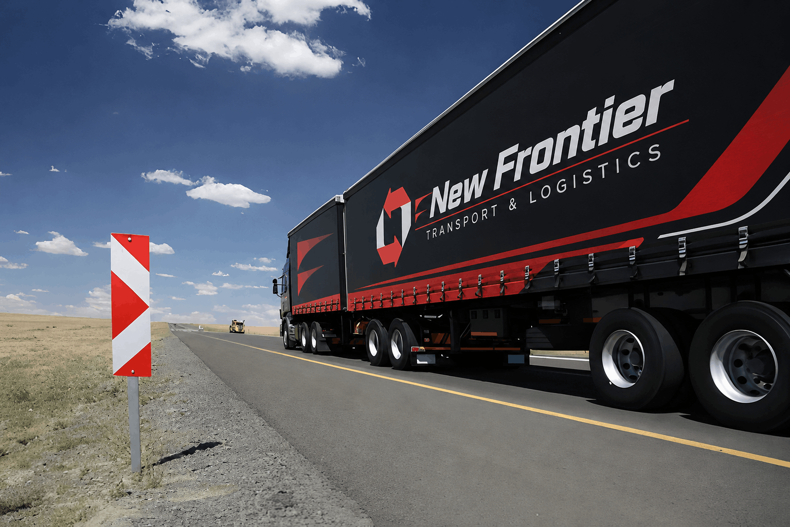 New Frontier Transport branded truck on an open cross-border road